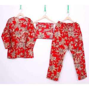 Conjunto de Pijama de Mujer con Estampado Floral en Color Rojo, Cintura Elástica, Largo Completo, 100% Algodón Satinado, Transpirable para Otoño 2026 - Product Image 1