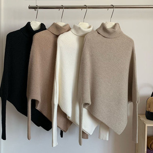 Pull poncho à col roulé pour femme, manches chauve-souris, couleur unie, tricoté, style minimaliste, vêtement d'automne, 100% acrylique, manches longues - Product Image 1