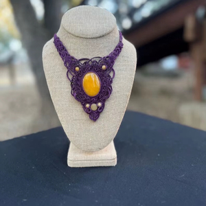 Handmade Purple Macrame <b>Necklace</b> Yellow Oval Gemstone Pendant Boho Tribal <b>Statement</b> Jewelry Adjustable Cord Artisan Gift Women - Product Image 1