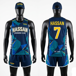 ชุดวิ่งผู้ชาย ผ้าโพลีเอสเตอร์น้ำหนักเบา 160 GSM ผ้าพิมพ์ลายแบบ Sublimation สีฟ้าอมเขียว ลายเรขาคณิต พร้อมโลโก้สั่งทำพิเศษ - Product Image 1