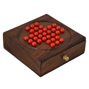 Jeu de solitaire en bois artisanal indien avec tiroir de rangement (rouge, 5 x 5 pouces) - Product Image 1