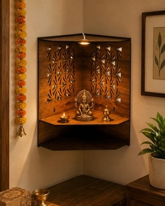 Hindu Wall Cabinet Polished Wooden Puja Temple Indian Handcrafted Wooden Corner Wall Mandir with <b>LED</b> <b>Light</b> Laser-Cut Jali Design - Product Image 2