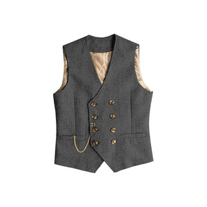 Chaleco Formal de Traje para Hombre, Color Gris, Cuello en V, Doble Botonadura, Lana y Poliéster, con Decoración de Cadena, para Otoño - Product Image 1