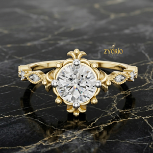 Vintage Round Cut 14K GOLD Lab Diamond <b>Solitaire</b> <b>Ring</b> Floral Womens Engagement <b>Ring</b> - Product Image 4