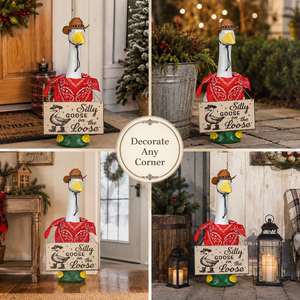 Décoration de jardin saisonnière : Statue de cowboy avec bandana rouge et oie pimbêche suspendue - Product Image 6