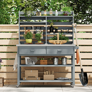 Isola Cucina da Esterno in Legno Massello con Ripiano Superiore e Ruote Bloccabili, 165 cm di Altezza, Banco da Giardinaggio con Vano Portaoggetti in Acciaio Inossidabile - Product Image 2
