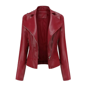 Women's Red PU Leather Moto Jacket Full Sleeve Stand Collar Zipper Closure Solid Color Biker Style Autumn Wear - Product Image 1