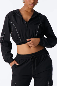 Custom Embroidery Logo Branded Casual Solid Rhinestone Croptop Zip Color Block Sweatsuit Windbreaker Nylon Tracksuit Women Cargo - Product Image 5