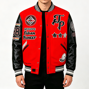 Veste universitaire rouge pour homme, manches en cuir PU, patch brodé, style streetwear, col rabattu, longueur normale - Product Image 4