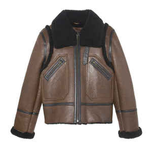 Blouson bomber en cuir véritable marron pour homme, doublé en sherpa, fermeture éclair, vêtement d'extérieur d'hiver, style moto décontracté - Product Image 1