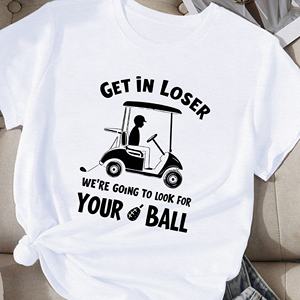 T-shirt décontracté pour femme en polyester tricoté, imprimé par transfert thermique motif voiturette de golf, confortable, à col rond et manches courtes - Product Image 1