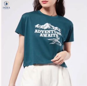 INDEX APPAREL Women's Teal Crop <b>Top</b> Crew Neck Short Sleeve Printed Adventure Mountain Design Casual Spring Summer Wear - Product Image 1
