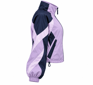 Chaqueta deportiva OEM para mujer, color lavanda y azul marino, con logotipo personalizado, cremallera completa, mangas curvas, bloques de color, ligera, venta al por mayor. - Product Image 3