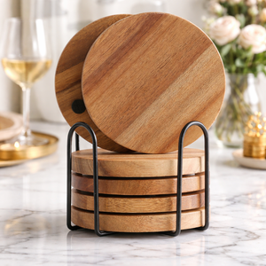 Posavasos Redondos de Madera de Acacia con Soporte, Diseño Nuevo, Ecológicos, para Bebidas, Cerveza, Bar, Decorativos, para Mesa de Café - Product Image 5