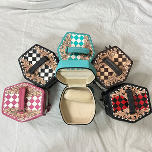 High End Western <b>Tooled</b> Cowhide Turquoise Checkered <b>Leather</b> Jewelry Case Premium Double Layer <b>Leather</b> Travel Jewelry Organizer - Product Image 5