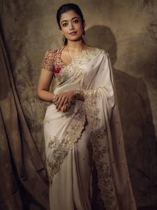 Rangoli Silk Sequin Saree Elegant Embroidery Rangoli Saree Banglori <b>Blouse</b> Party Wear Saree fabulous White saree with <b>red</b> <b>Blouse</b> - Product Image 1
