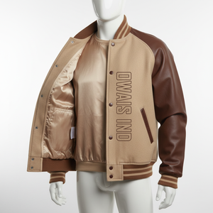 Veste de sport pour homme beige et marron avec manches en cuir PU, lettrage brodé 26 Owais Ind Athletic Club, style preppy - Product Image 3