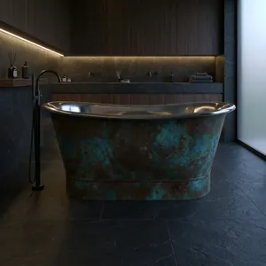 Bañera de Acero Inoxidable con Base Recta, Acabado Exterior con Pátina Envejecida, Hecha a Mano, Independiente - Product Image 6