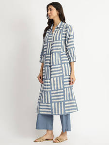 Geometric Print <b>Maxi</b> <b>Dress</b> Turn-down Collar Three Quarter Sleeve Loose Fit Woven <b>Linen</b> Cotton Casual Daily Wear Breathable - Product Image 2