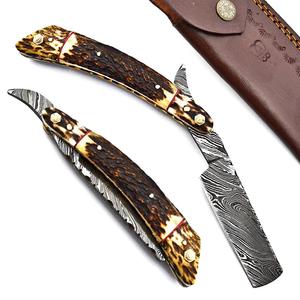 MORTAL SAGA Rasoir de Barbier Premium en Acier Damas Léger, Fait Main, Lame Ultra-Tranchante, Manche Personnalisé en Corne de Cerf et Cuir, Sûr - Product Image 2