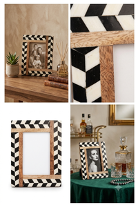 Premium modern rectangular Bone inlay design Geometric <b>black</b> & white Vertical tabletop display Handmade wooden <b>frame</b> - Product Image 2