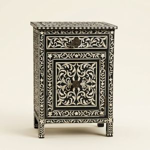 Table de chevet noire en os incrusté, 1 tiroir, faite à la main, motif floral, meuble de chambre de luxe indien incrusté - Product Image 1