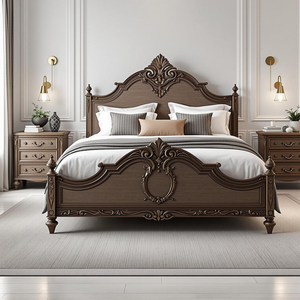 โครงไม้สีน้ำตาลกลางแบบคลาสสิก พร้อมลายแกะสลักอย่างประณีตและลายตกแต่งปลายเตียงเข้าชุด จำหน่ายในราคาขายส่ง - Product Image 1