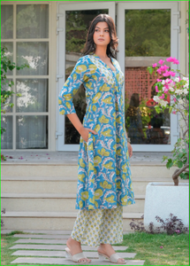 ชุดคุรตะทรงเอไลน์ลายดอกไม้สีฟ้าแบบพิมพ์ลายด้วยมือ ชุดคุรตะซัลวาร์ - Product Image 3