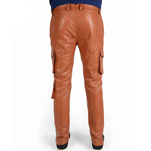 Pantalon cargo en cuir marron pour homme, taille haute, coupe droite, plusieurs poches, style workwear, fermeture boutonnée, pour l'automne - Product Image 5