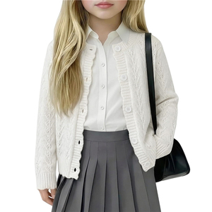 Cardigan en tricot beige, uniforme scolaire, pull à manches longues et col rond, pull ajouré à boutons pour filles - Product Image 6