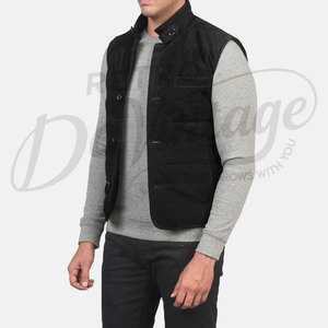 Chaleco acolchado de gamuza negra premium para hombre, con botones, cuello alto, sin mangas, corte ajustado, para invierno. - Product Image 4