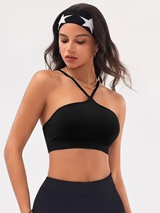 Ladies Keyhole Front Activewear Bra Strappy Halter Neck Gym <b>Crop</b> <b>Top</b> Elastic Ribbed Underband Athleisure Exercise Bralette - Product Image 1