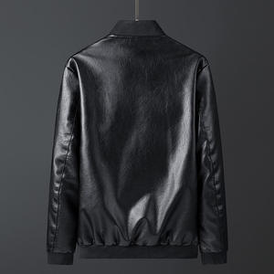 Men's PU Bomber <b>Jacket</b> Stand Collar Zipper Closure Solid Color Casual Style Autumn Wear Regular Length - Product Image 3
