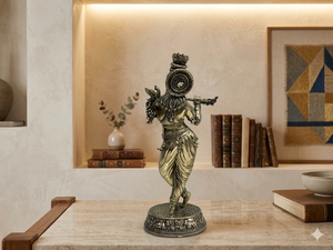 Handmade Brass Lord Krishna Statue Wax Casting Flute Playing | Antique Finish Brass Krishna Murti-Nirmala Handicrafts Rajasthan - Product Image 2
