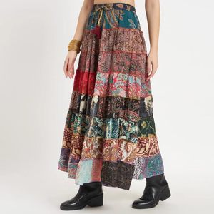 Wholesale BohemianTiered <b>Patchwork</b> women's casual <b>skirts</b> Ankle-Length Colorful silk <b>skirt</b> Smooth comfortable pleated <b>skirt</b> - Product Image 3