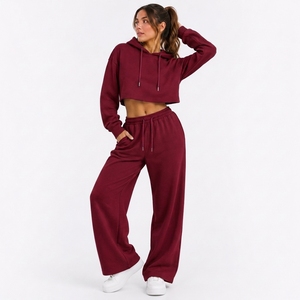 Women's Athleisure Crop Hoodie Wide Leg Pants <b>Set</b> Custom OEM ODM Private Label Clothing Manufacturer - Product Image 1