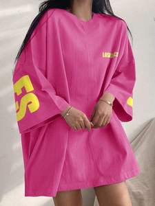 T-shirt oversize marron pour femme, col rond, épaules tombantes, manches courtes, imprimé lettres, coupe ample, 100 % coton jersey, été - Product Image 6