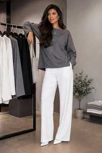 Oneten Apparels Women Grey Crew Neck <b>Top</b> <b>White</b> Wide Leg Pants 2 Piece Set - Product Image 5