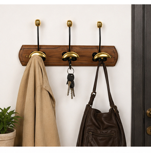 Vintage Wall Mounted Coat and Hat <b>Rack</b> with Solid Wood Base Antique Brass Dual Hooks for Hanging Coats Bags and Hats - Product Image 4