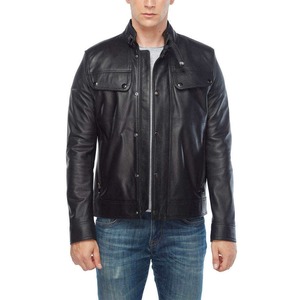 Chaqueta de Motociclista de Cuero Negra para Hombre, Cuello Alto, Cierre de Botones, Corte Ajustado, para Otoño, Largo Regular, Color Sólido - Product Image 1