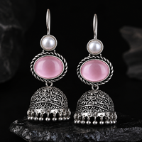 Boucles d'oreilles pendantes style bohème en laiton et alliage de zinc avec pierre ovale rose Monalisa pour amoureux |   Boucles d'oreilles de fête plaquées argent faites à la main