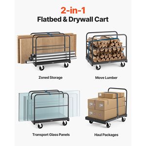 Carro de plataforma 2 en 1 de acero para paneles y paneles de yeso, con ruedas giratorias de 5 pulgadas, capacidad de carga de 1800 lb, plataforma de 36 x 24 pulgadas para mudanzas - Product Image 3
