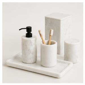 5-Piece Natural White Marble Bathroom Accessory Set Elegant Handcrafted Stone <b>Soap</b> Dispenser Toothbrush <b>Holder</b> For Hotel - Product Image 1