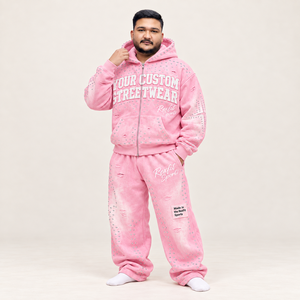 Conjunto Deportivo Estilo Urbano Color Rosa Bebé para Hombre, Sudadera con Cierre y Pantalones Holgados, Ropa de Otoño, Etiqueta Personalizada - Product Image 2