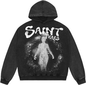 เสื้อฮู้ดพิมพ์ลาย Saint Tears สำหรับผู้ชาย ทรงโอเวอร์ไซส์ สีดำ ผ้าฝ้ายฟลีซ สวมหัว สไตล์สตรีทแวร์ ดีไซน์โลโก้ด้านหน้า ทรงปกติ สำหรับฤดูหนาว - Product Image 1