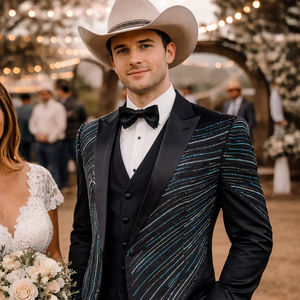 Costume de smoking noir brodé pour homme – Blazer de soirée, de mariage ou de bal, fait main, avec motif à sequins, veste et pantalon - Product Image 1