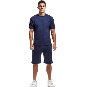 Men's Navy Blue Solid Color Crew Neck T-Shirt and Shorts Set Casual Knitted Cotton Summer Outfit - Product Image 1