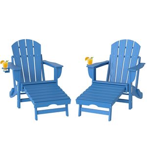 Juego de 2 Sillas Plegables Adirondack Azules de HDPE para Fogata con Reposapiés Retráctil y Portavasos - Product Image 1