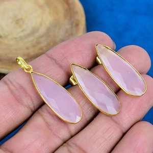 Natural Pink Chalcedony Pear Shape Gemstone <b>Stud</b> Earring With Pendant 18k Gold Finish Over 925 Sterling <b>Silver</b> - Product Image 1