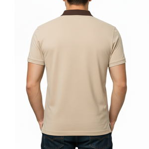 Polo beige para hombre, más vendido, con cuello en contraste marrón, manga corta, estilo urbano, corte ajustado, informal. - Product Image 4